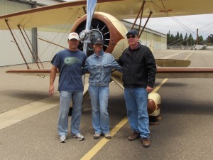 Mark Scheibe (on left) returns to Mohican Airpark in a 1929 ATO Taperwing Waco after a four day flight from  Santa Barbara CA.